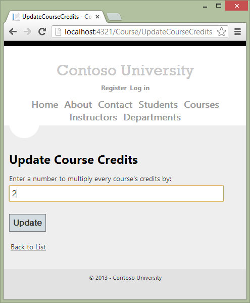 Screenshot che mostra la pagina iniziale Update Course Credits con il numero 2 immesso nel campo di testo.