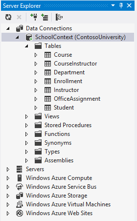 Screenshot che mostra il database di Esplora server. Il nodo Tabelle viene espanso.