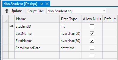 Screenshot che mostra la tabella Student in Esplora server.