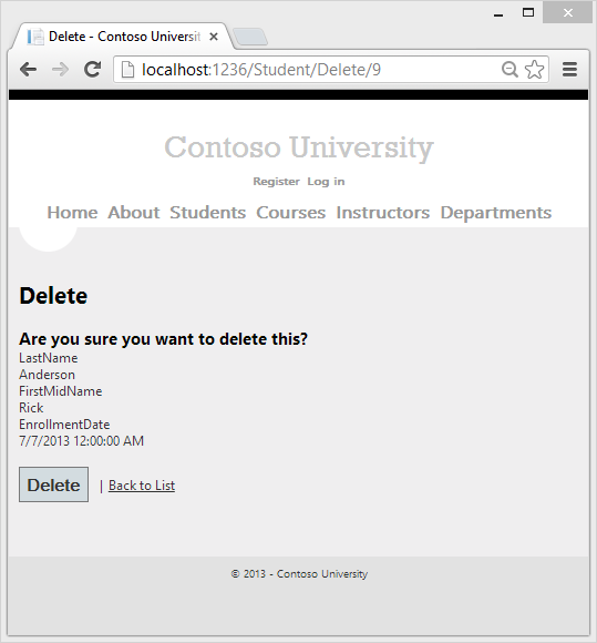 Screenshot che mostra la pagina Student Delete.