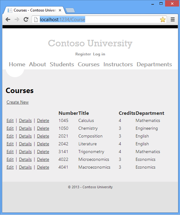 Screenshot che mostra la pagina Indice corsi di Contoso University.