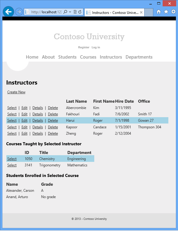 Screenshot che mostra la pagina Indice docenti Contoso University con un insegnante e uno dei corsi selezionati.