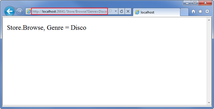 Screenshot che mostra un altro esempio di stringa (Store.Browse, Genre = Disco) restituito dall'URL durante il recupero di un valore querystring quando si aggiunge il parametro 'genere'.