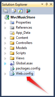 Screenshot del file di configurazione Web in Esplora soluzioni per creare una stringa di connessione.