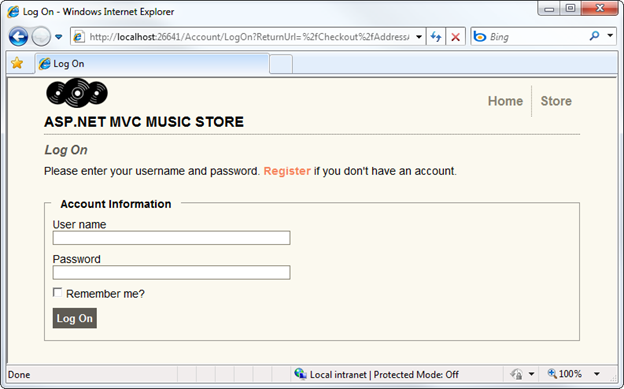 Screenshot della finestra di Music Store che mostra la visualizzazione di accesso con il nome utente e i campi Password.