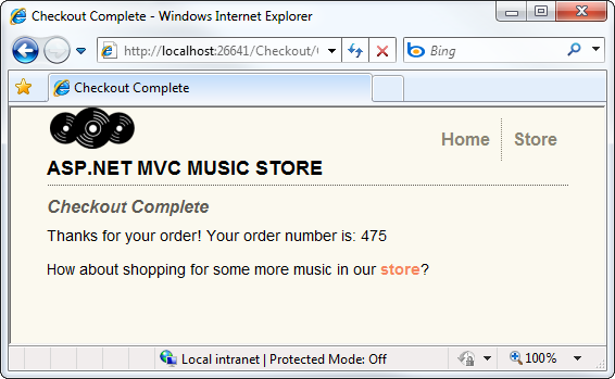 Screenshot della finestra di Music Store che mostra la visualizzazione completa del checkout che informa l'utente che l'ordine è stato completato.