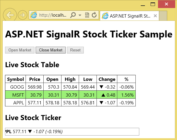 Screenshot di una finestra del browser Internet Explorer, che mostra la pagina Web A S P dot NET Signal R Stock Ticker Sample.