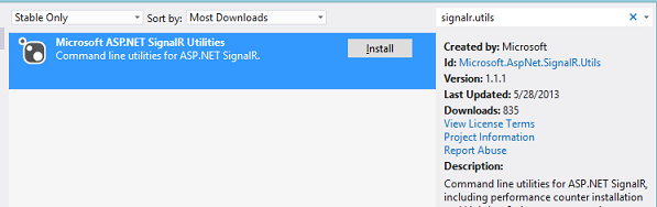 Screenshot che mostra le utilità della riga di comando di Microsoft A S P dot NET Signal R Utilities per A S P dot NET Signal R evidenziate.