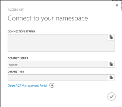 Screenshot che mostra la finestra di dialogo Access Key Connect to your namespace (Connetti chiave di accesso allo spazio dei nomi).