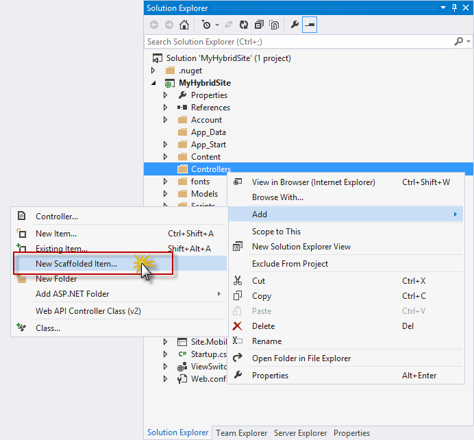 Screenshot che mostra come creare un controller MVC selezionando Nuovo elemento Scaffolded in Esplora soluzioni.