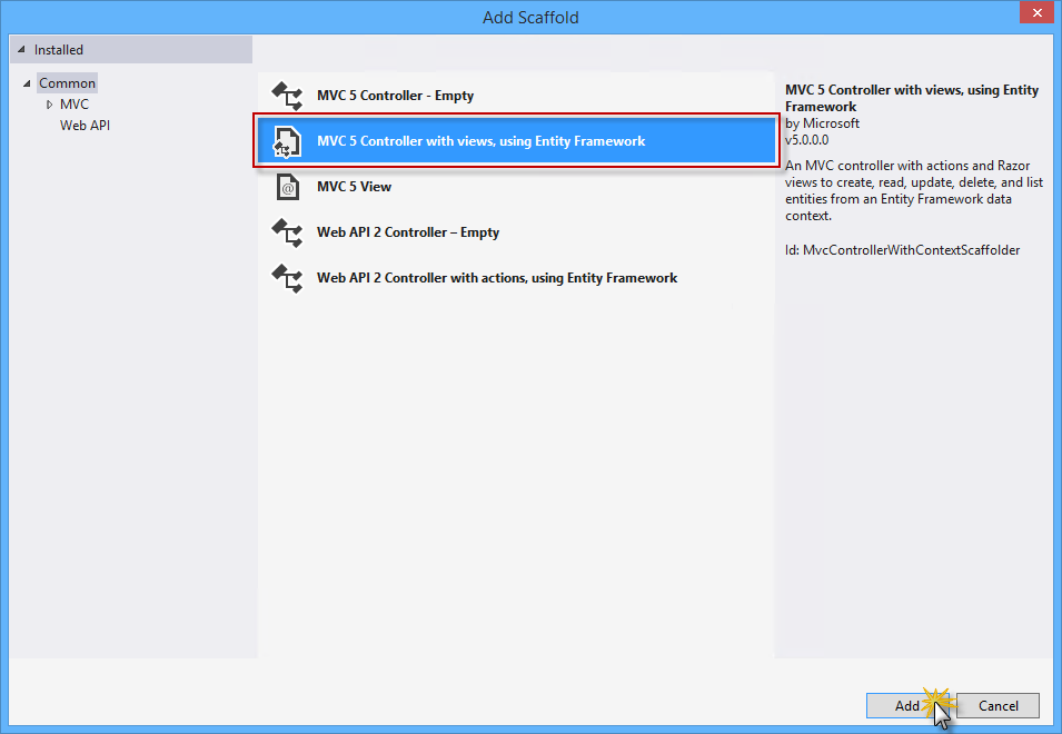 Selezione del controller MVC 5 con visualizzazioni e Entity Framework