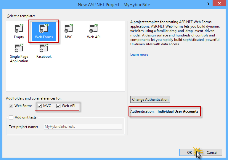 Creazione di un nuovo progetto con il modello di Web Forms, inclusi i componenti API Web e MVC