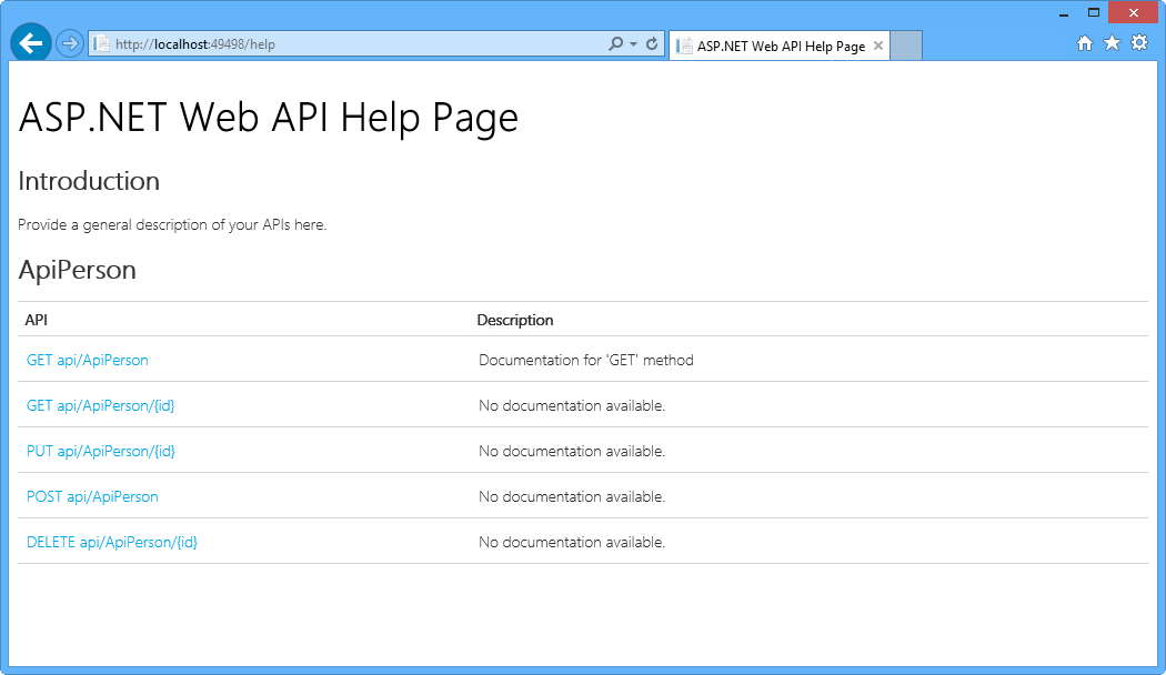 pagina della Guida API Web ASP.NET