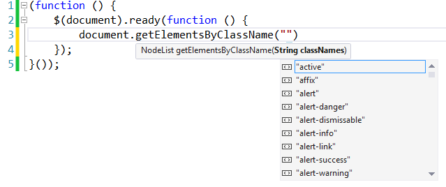 Visualizzazione di IntelliSense per la funzione getElementsByClassName che mostra IntelliSense per