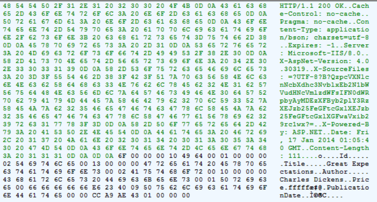 Screenshot di un riquadro della finestra che mostra i valori esadecimali non elaborati dei dati binari nei colori verdi nella parte superiore e centrale e nero in basso.