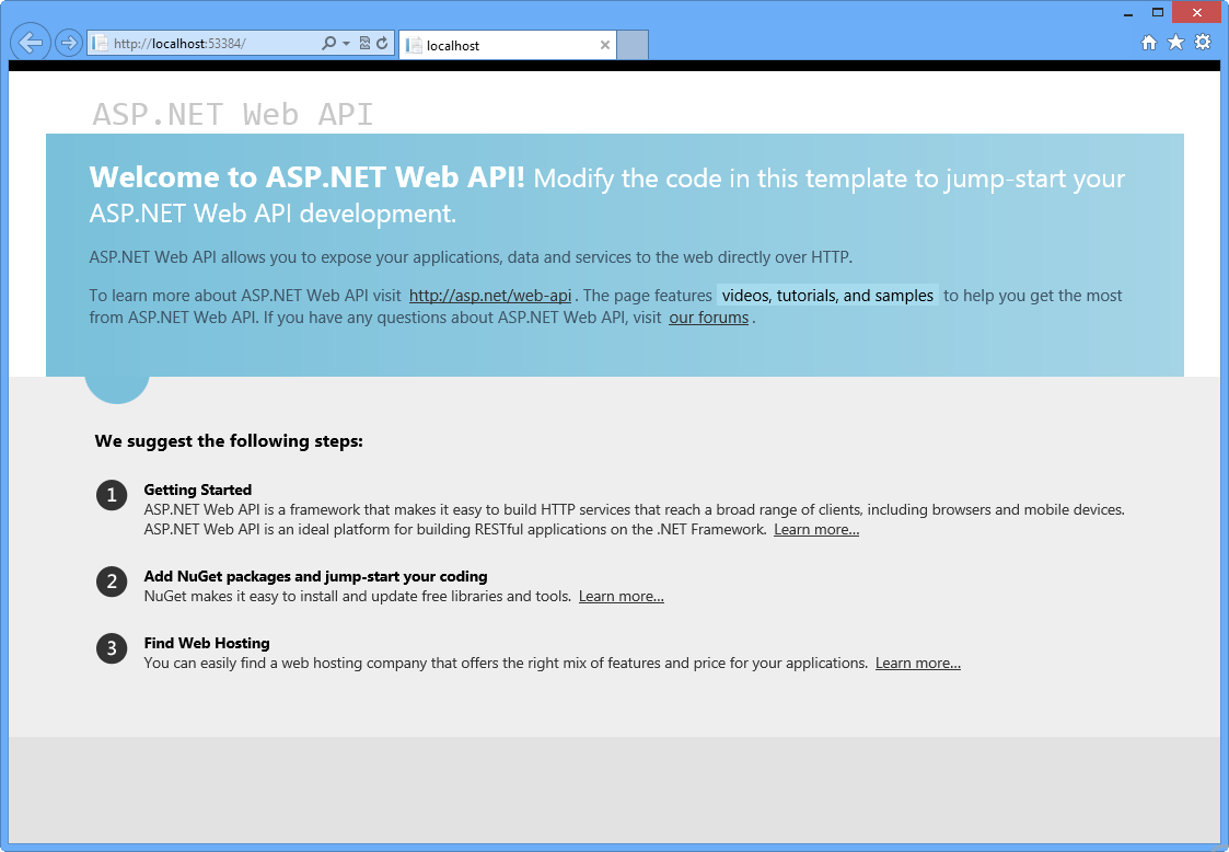 Home page predefinita di un'applicazione API Web ASP.NET