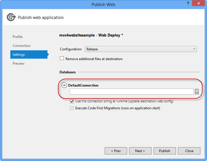 Stringa di connessione che punta a database SQL