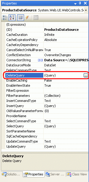 Screenshot che mostra la Finestra Proprietà ProductsDataSource con la proprietà DeleteQuery selezionata.