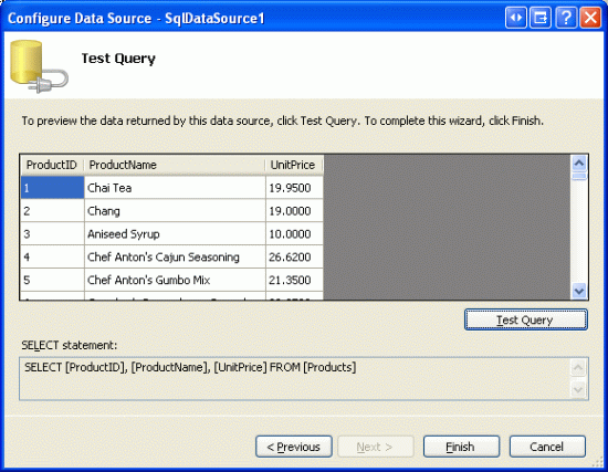 Fare clic sul pulsante Test Query (Query di test) per esaminare la query SELECT