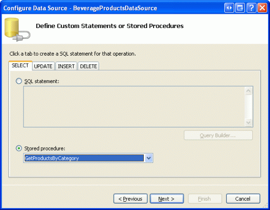 Selezionare la stored procedure GetProductsByCategory dall'elenco Drop-Down