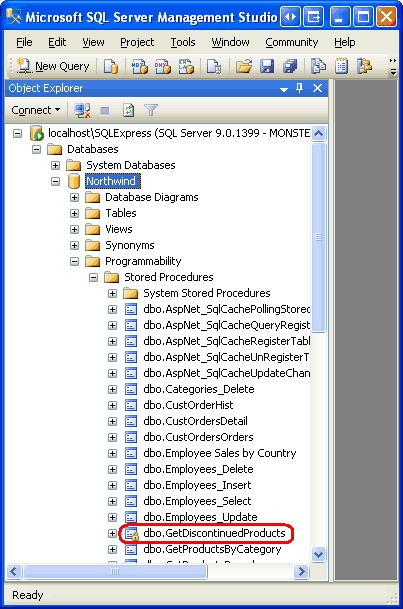 La stored procedure GetDiscontinuedProducts è elencata nella cartella Stored procedure