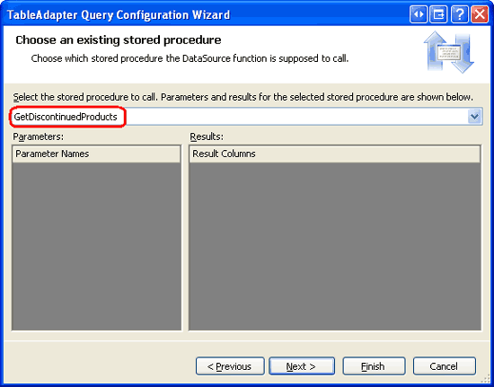 Selezionare la stored procedure gestita GetDiscontinuedProducts