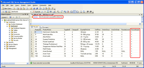 La stored procedure GetDiscontinuedProducts restituisce tutti i prodotti sospesi