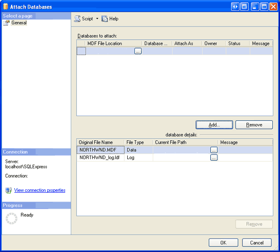 Screenshot della finestra Collega database che mostra come collegarsi a un file MDF del database.