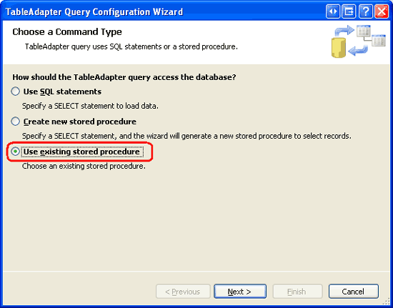 Scegliere l'opzione Usa stored procedure esistente