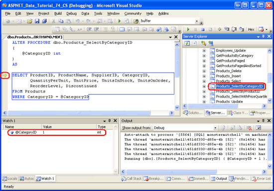 Il debugger è stato interrotto nella prima istruzione della stored procedure