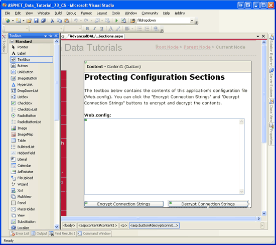 Screenshot che mostra Visual Studio aperto alla pagina EncryptingConfigSections.aspx con un nuovo controllo TextBox e due controlli Button.