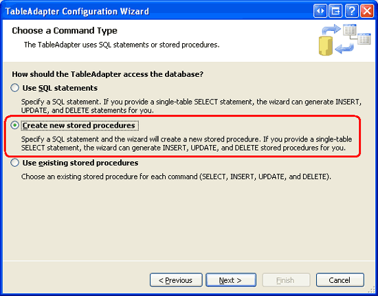 Selezionare l'opzione Crea nuove stored procedure