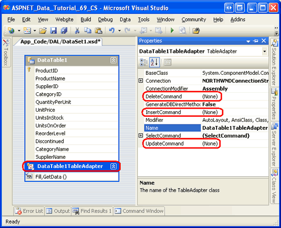 Le proprietà InsertCommand, UpdateCommand e DeleteCommand sono impostate su (Nessuna)