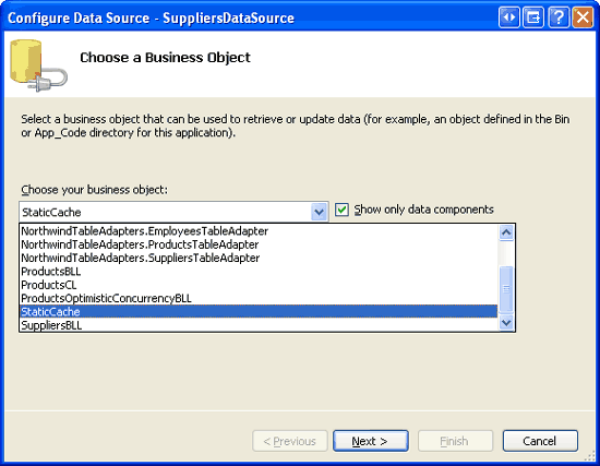 Configurare ObjectDataSource per l'uso della classe StaticCache