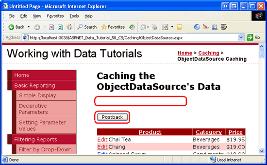 Se si fa clic sul pulsante Postback, GridView viene ricostruito dallo stato di visualizzazione