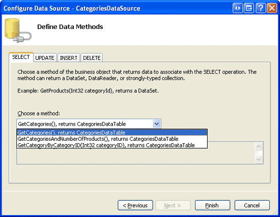 Configurare ObjectDataSource per usare il metodo GetCategories() della classe CategoriesBLL