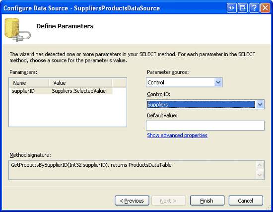 Indicare che il parametro supplierID deve provenire dal controllo FormView Suppliers