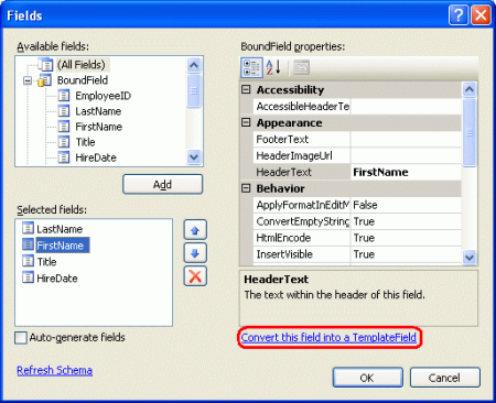 Convertire un oggetto BoundField in un oggetto TemplateField dalla finestra di dialogo Campi