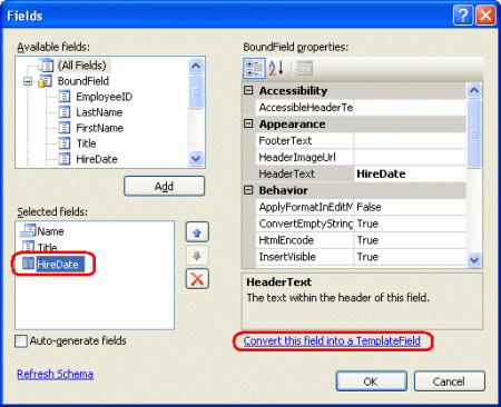 Convertire HiredDate BoundField in un modelloField