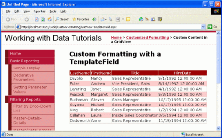 I campi LastName, FirstName, Title e HireDate vengono visualizzati per ogni dipendente