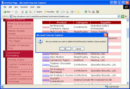 Facendo clic sul pulsante Elimina di GridView viene visualizzata una finestra di dialogo di conferma personalizzata