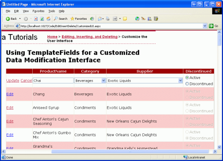 L'interfaccia di modifica di GridView include elenchi a discesa e pulsanti di opzione