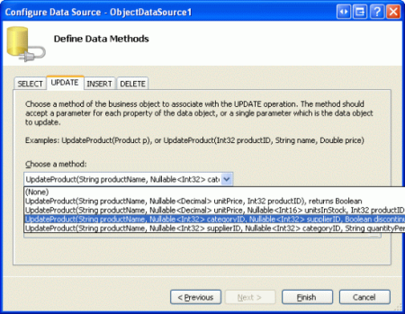 Configurare ObjectDataSource per l'uso dell'overload updateProduct appena creato