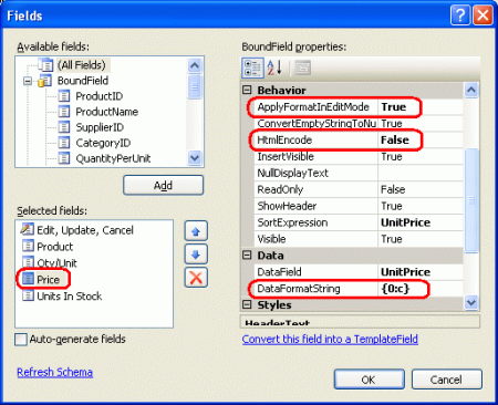 Configurare UnitPrice BoundField per visualizzare come valuta