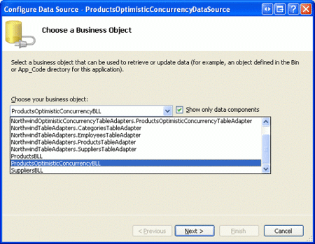 Fare in modo che ObjectDataSource usi l'oggetto ProductsOptimisticConcurrencyBLL