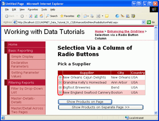 I pulsanti di opzione di GridView non sono raggruppati