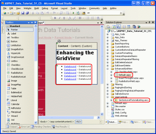 Aggiungere il controllo utente SectionLevelTutorialListing.ascx a Default.aspx