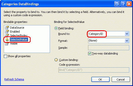 Associare il valore CategoryID del prodotto alla proprietà SelectedValue di DropDownList