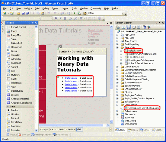 Aggiungere il controllo utente SectionLevelTutorialListing.ascx a Default.aspx