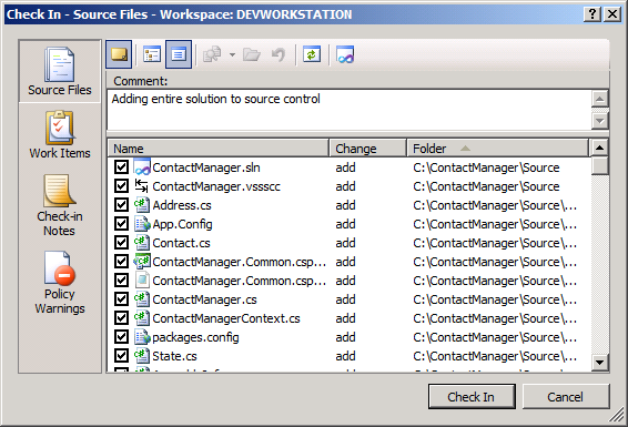 Nella finestra di dialogo Check In - File di origine digitare un commento e quindi fare clic su Check In.